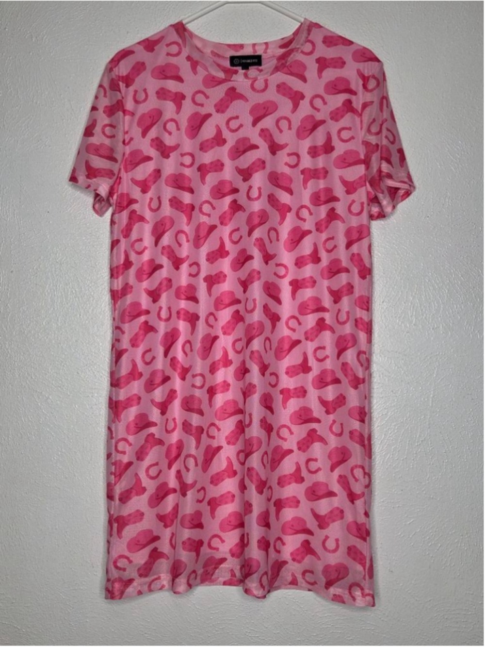 Western Print Pink Mesh Dress Women's Size Medium Cowgirl Boots Hat Horseshoe - Picture 2 of 10